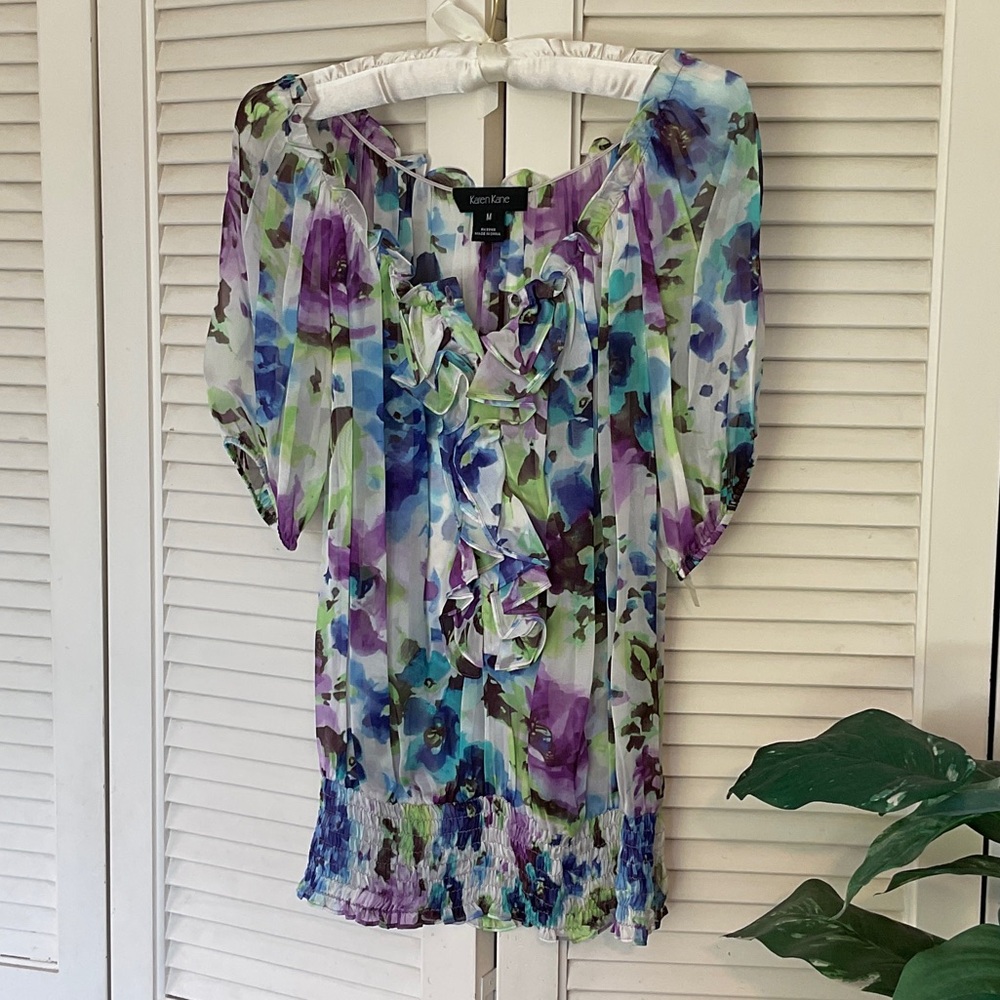 Karen Kane Women's Floral Ruffle Blouse - Blue and Purple